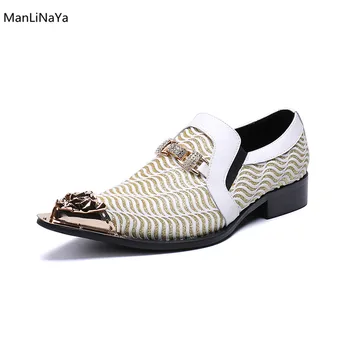 

White Metal Men Genuine Leather Oxfords Slip On Mens Wedding Dress Shoes Loafers Crystal Square Toe Business Leather Shoe Flats