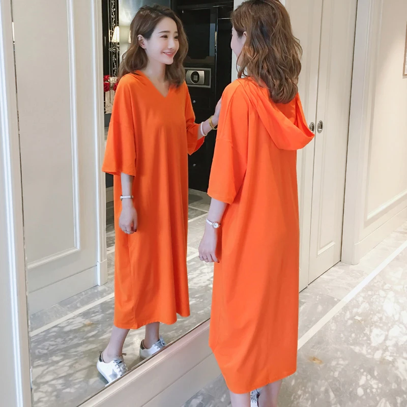 

2019 Women Cotton Loose Large Size Dress Summer Hooded V-neck Long Over The Knee T-shirt Dress Casual Fat Sister New Dress LQ279