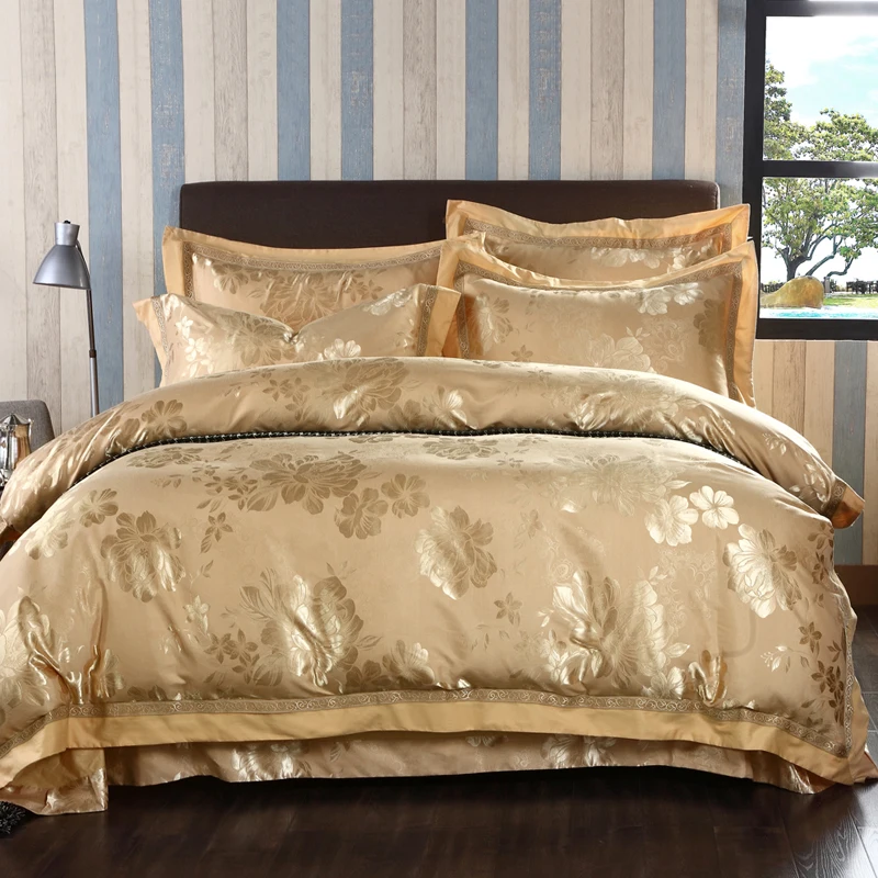 

DIFUNINA Luxury Gold Jacquard Bedding Set Silk Cotton Blend Queen King Size 4pcs Duvet Cover Flat Bed Sheet Pillow Case