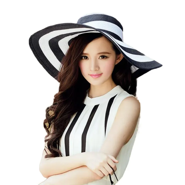 Bingyuanhaoxuan women’s 2018 straw panama sun hat black striped overflowed floppy fashion