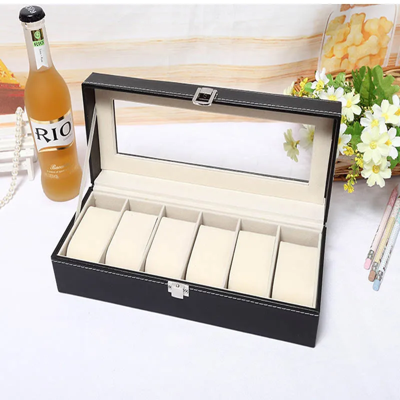 

Watches Bracelets Holder Organizer Box 6 Grids Compartments Chic Storage Case Black High Quality PU Leather Gift For Men/Women