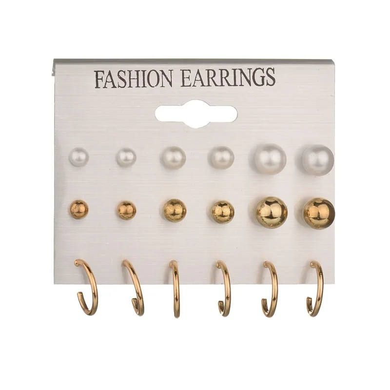 9 Pairs/Set Fashion Stud Earring Set Mix Women Gold Color Metal Round Ball Simulated Pearl Circle Brincos 2018 NEW | Украшения и