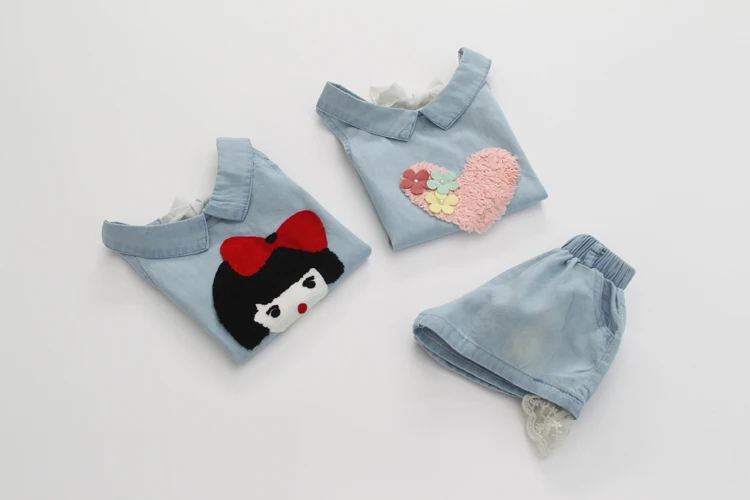 Girls Clothes 2018 Summer Casual 2-10 Years Old Kids Little Baby Cartoon Girl T Shirt+Shorts 2 Piece Lace Denim Blue Suit Set (17)