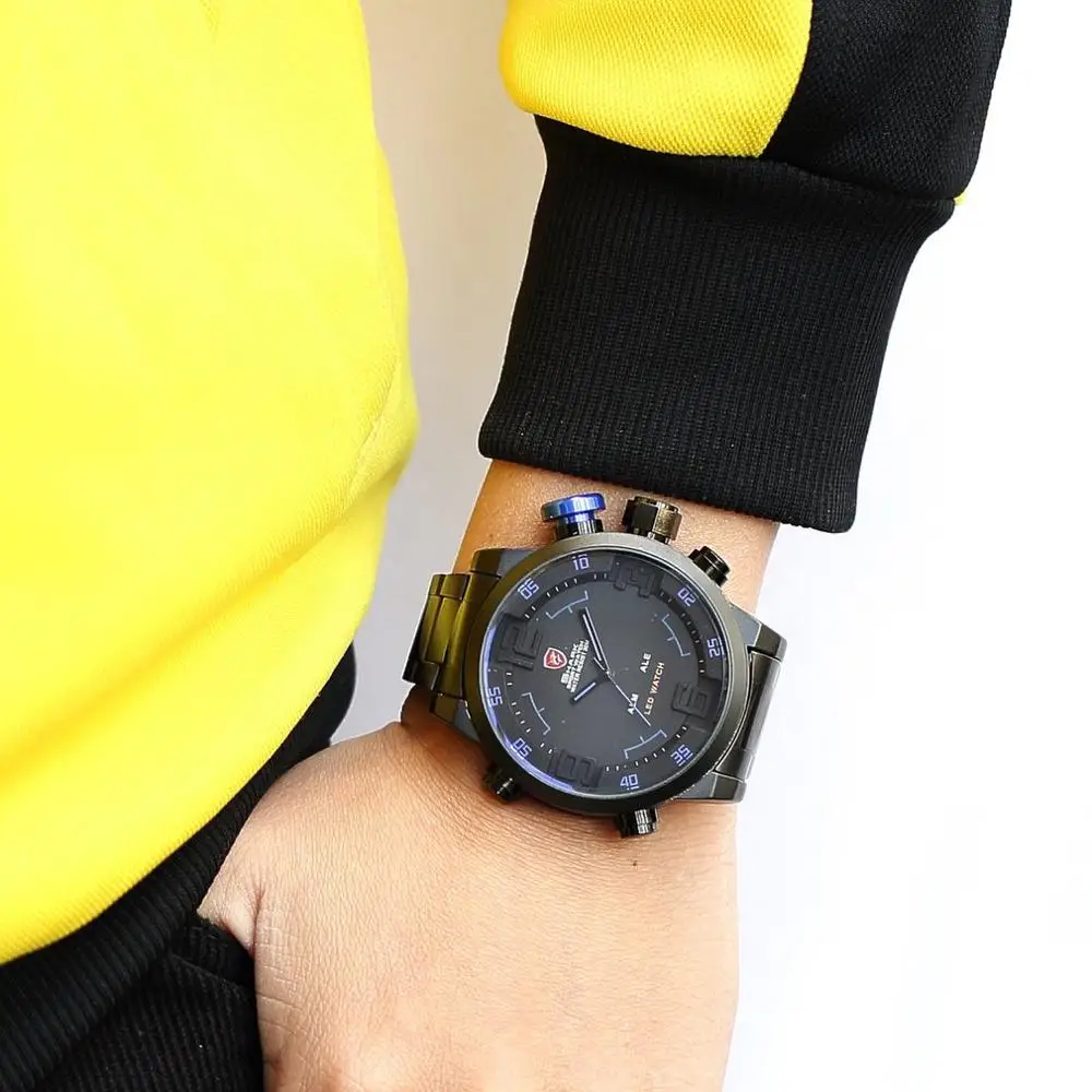 Gulper SHARK Sport Watch Luxury Brand LED Analog Date Quartz Blue Button Steel Strap Men Quartz Watches relogio masculino /SH106