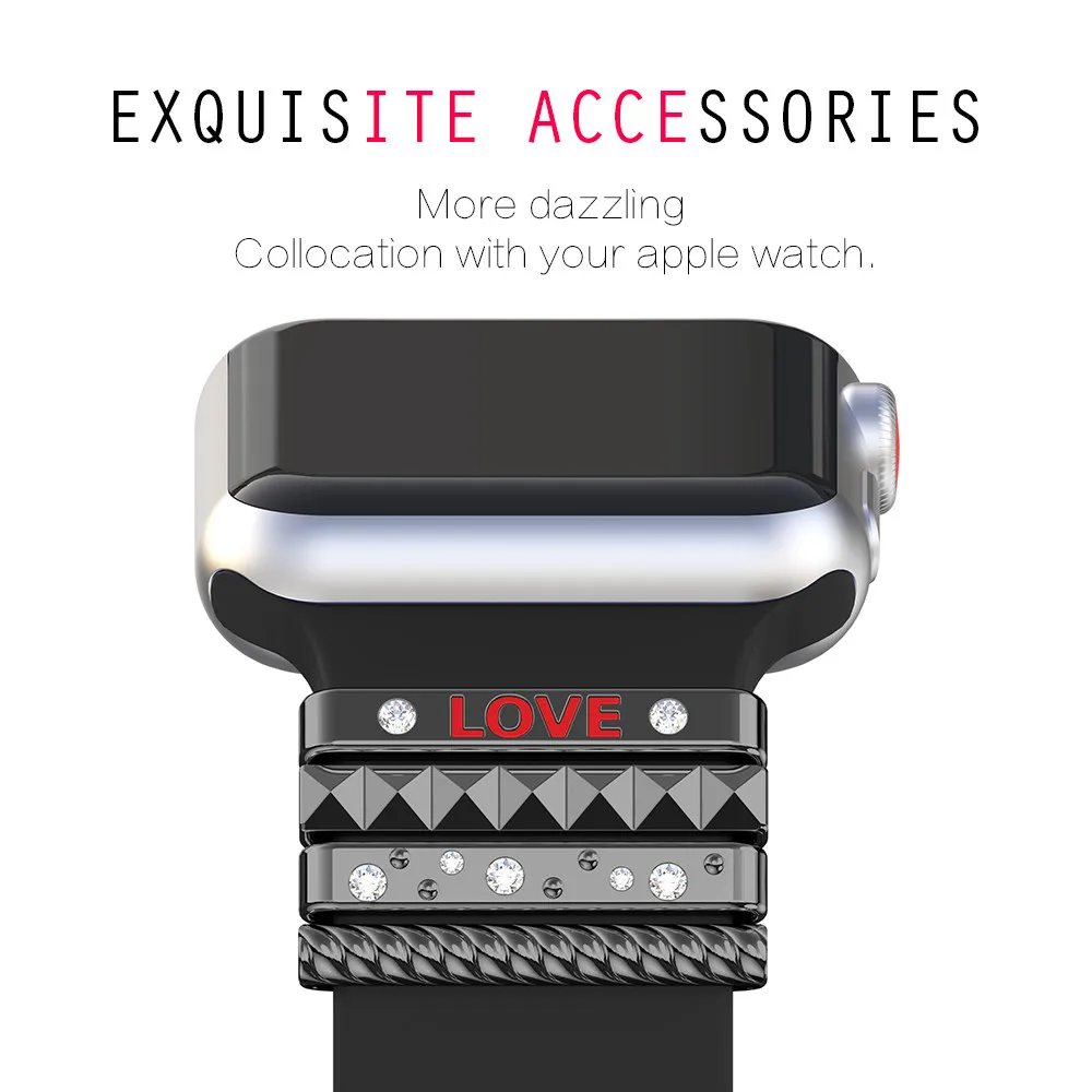 Popular Strap Ornament for Apple Watch Band 38mm Original Silicone Strap Stainless Steel Decorative Ring with LOVE as a Gift (4)