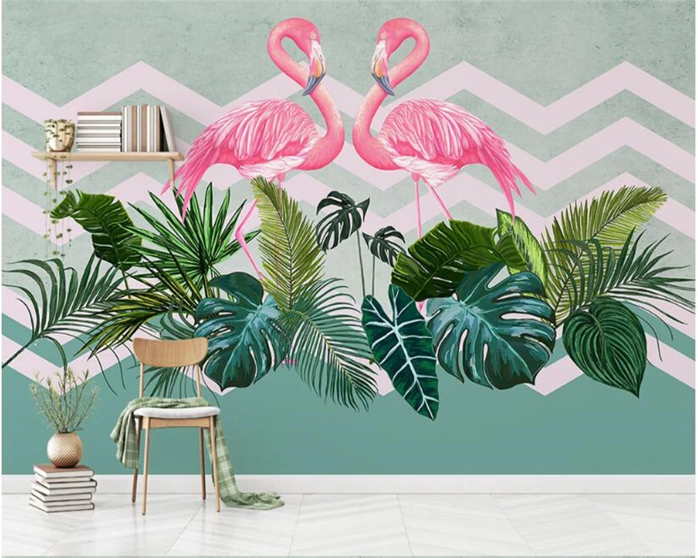 

beibehang Classic personality silk cloth wall paper Nordic minimalist tropical plants flamingo TV sofa background 3d wallpaper
