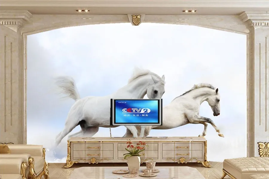 Wallpaper 3d Mural,two White Horses Animals Photo 3d Wallpaper,dining