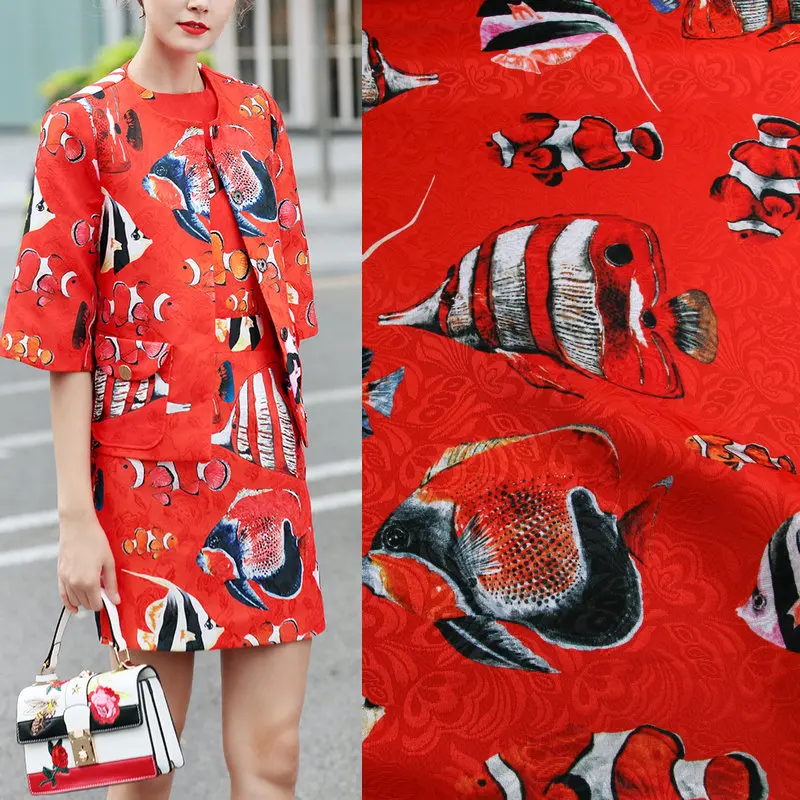 

red color fish printed jacquard fabric,women coat dress polyester tissue,autumn wear suits DIY clothing material wedding fabric