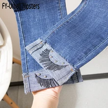 Женские джинсы с бусинами, с манжетами на ноге, женские Стрейчевые джинсы длиной до щиколотки, большие размеры, эластичные синие джинсы, рваные