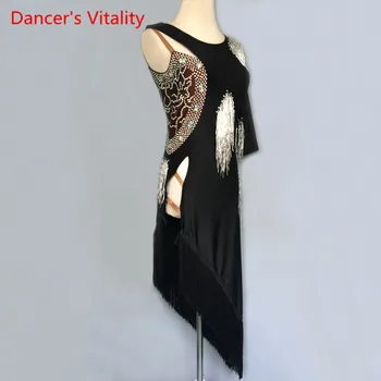 

Adult Kids Latin Dance Costumes Custom Single shoulder Diamond Tassel Dress Women/Girls Latin Dance Stage Performance Clothing
