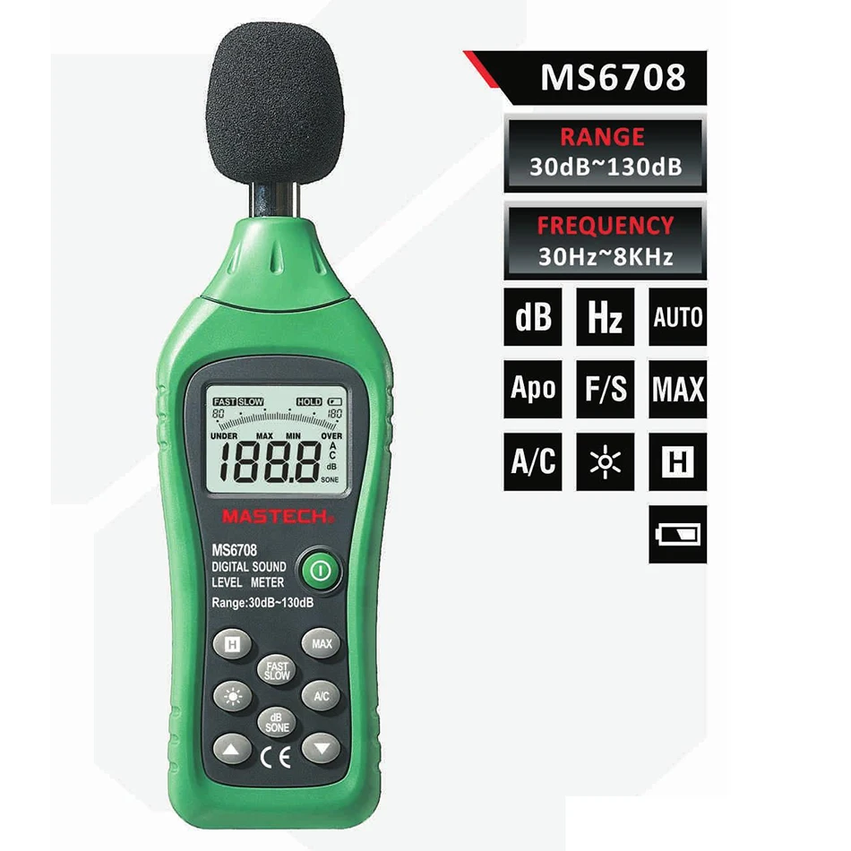 

Hot MASTECH MS6708 Handheld LCD Digital Display 30dB ~ 130dB Digital Sound Level Meter Noise Meter DB Decibel Level Meter Tester