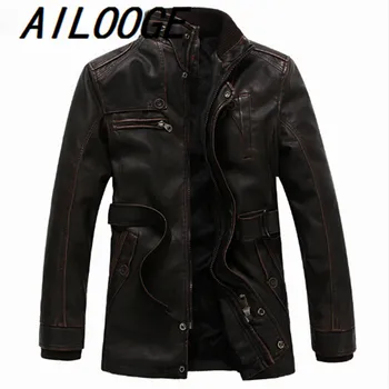 

Men's Washed Leather Jacket Coat Thicken Winter Fleece Locomotive Jacket Casual Outwear Belt Long Section Faux Fur Overcoat 3XL