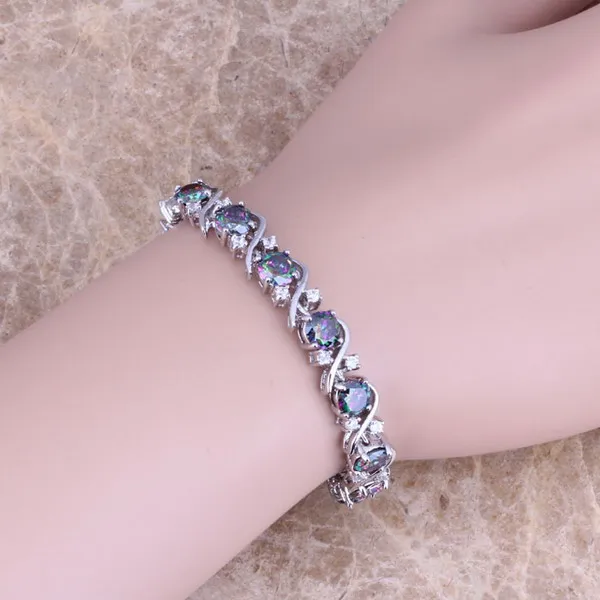 Радуга и белый CZ 925 стерлингового серебра звено цепи браслет 7 дюймов для женщин S0269