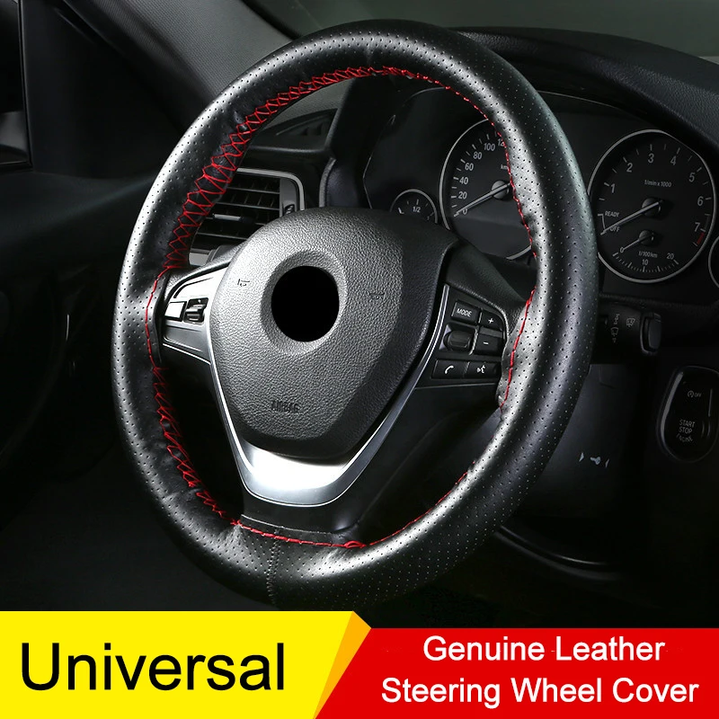 

38cm Genuine Leather Car Steering Wheel Cover Anti-slip Steering-Wheel Braid Stitch On Wrap With Needle Thread Car Styling