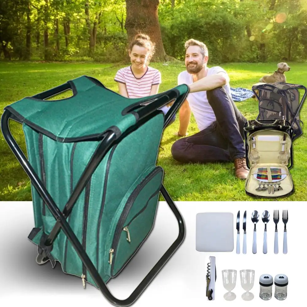 

Camouflage Picnic Bag Oxford Cloth Double-layer Insulation Take-away Ice bag Stool Meal Package Two In One Two-person Tableware