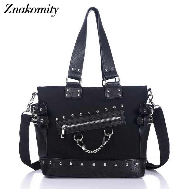 

Znakomity Fashion women shoulder bag tote bag canvas leather women handbag ladies Rivet chain messenger shoulder bag black rivet