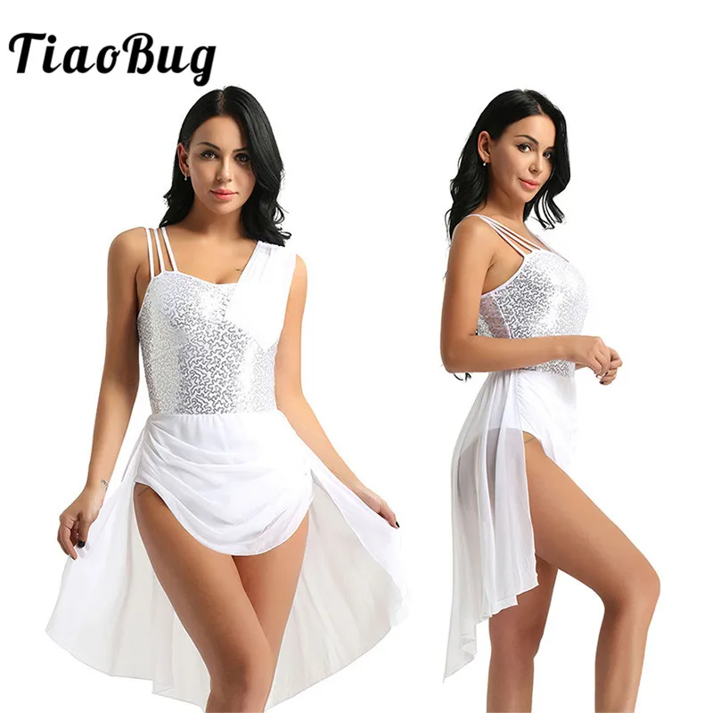 

TiaoBug Women Sleeveless Sequins Ballet Tutu Chiffon Dress Gymnastics Leotard Adult Ballet Leotards Stage Lyrical Dance Costumes