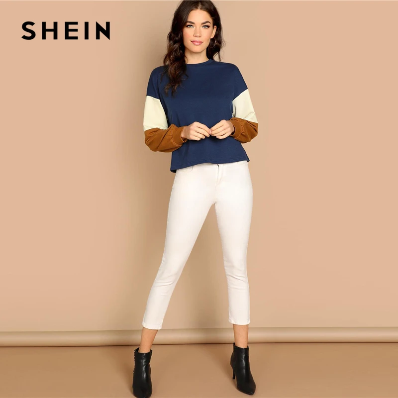 SHEIN Свитшот С Контрастным Рукавом, Стильный Повседневный Свитшот