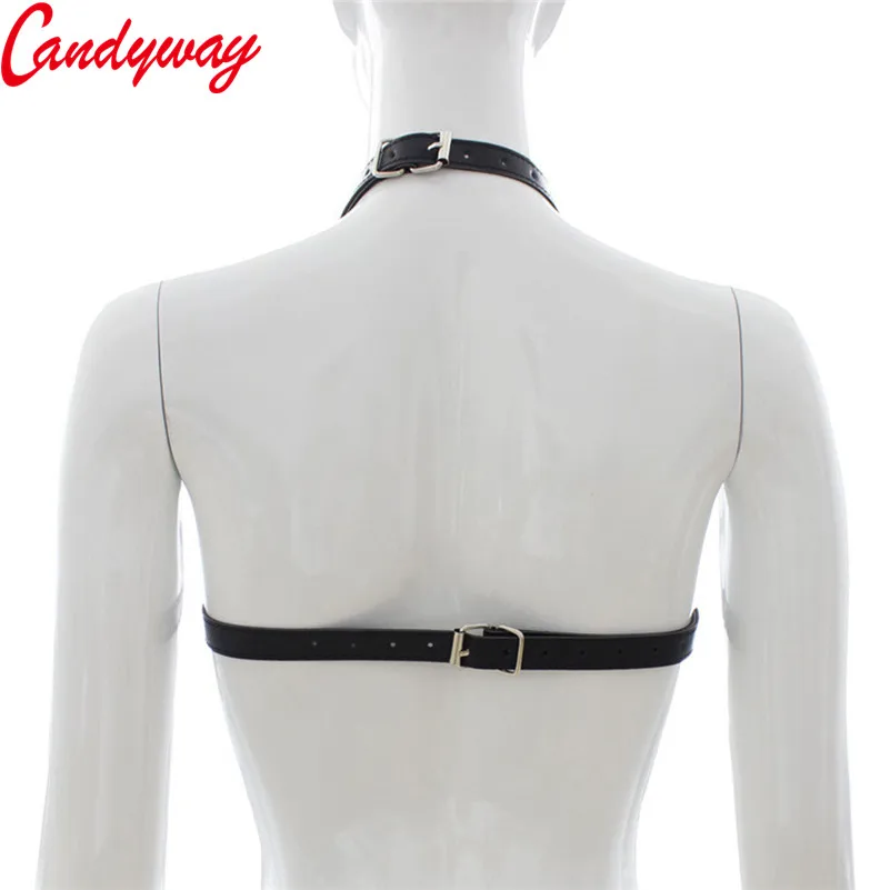 BDSM Halter Design Hot Sexy Female Leather Bra Underwear rivet Adjustable shoulder strap Short Distinctive Unique bondage-style women bra,erotic lingerie