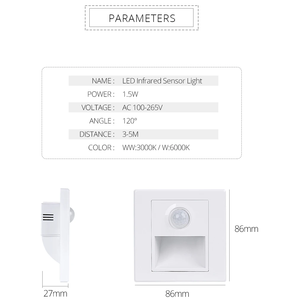 15W Motion Sensor Wall Stair Light 110V 220V PIR Human Body Infrared Induction Recessed In Indoor Home Bedroom Night Lighting    (2)