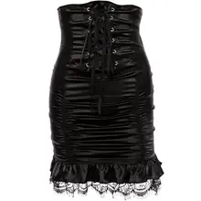 Autumn Winter Women Lace Edge Skirt Black Mini Skirt High Waist Lace Up Tight Package Hip Women pleated skirt