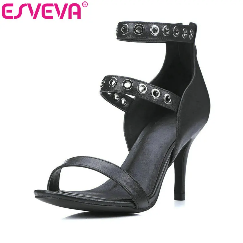

ESVEVA 2017 Summer Peep Toe Ankle Strap High Heels Sandals Real Leather ShoesThin Heel Apricot Woman Wedding Shoes Size 34-39