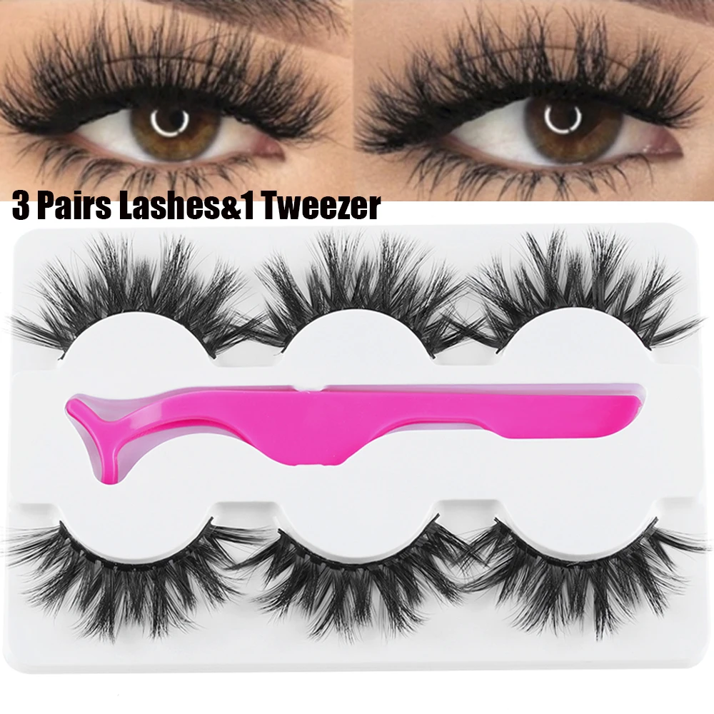 

New 3 Pairs /set with 1pc tweezer 3D Mink Hair False Eyelashes Thick Wispy Long Fluffy Dramatic Lashes Handmade Makeup Tools