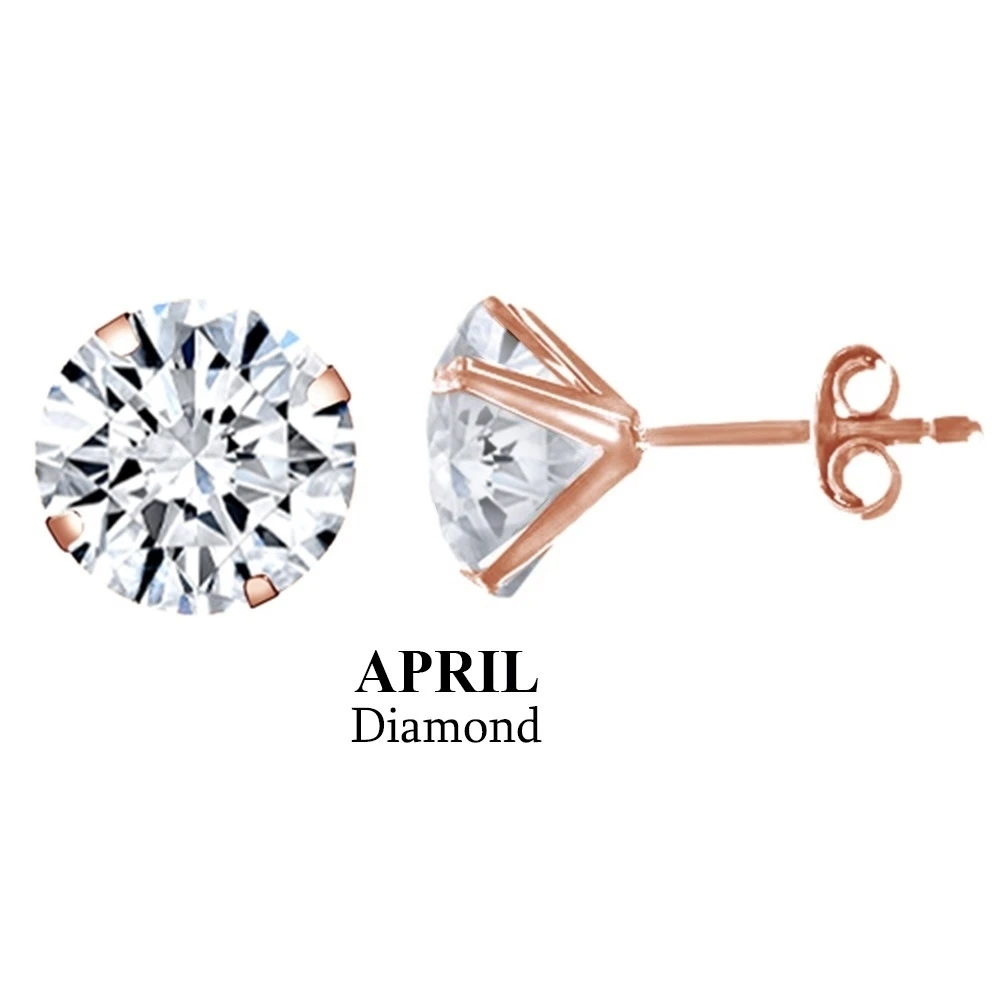 Solid 10K Rose Gold 8mm Round Diamond April Birthstone Stud Earrings
