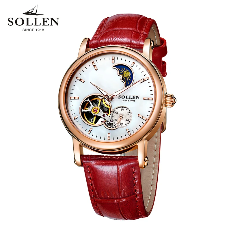 SOLLEN brand automatic mechanical high end female models font b watch b font women hollow leather