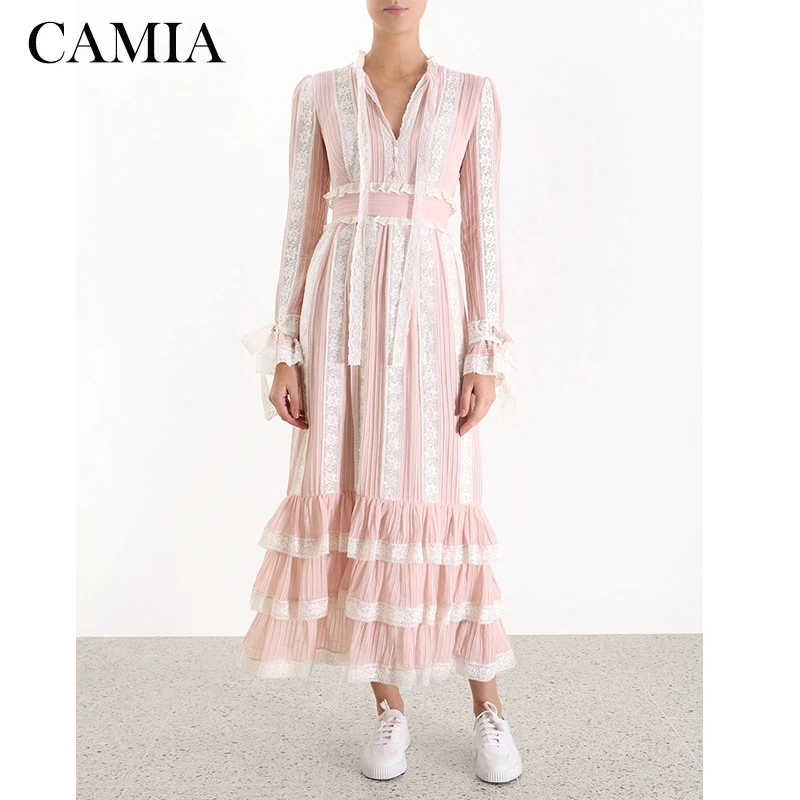 

CAMIA pink lace maxi dress ZIM dress new sweet style bow high waist stand collar stitching long dress
