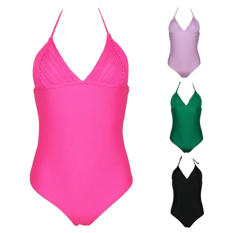 

Womens One Piece Bikini Solid Color Tummy Control Monokini Pleated Stripes Patchwork Halter Deep V-Neck Swimsuit Multi Straps Ta