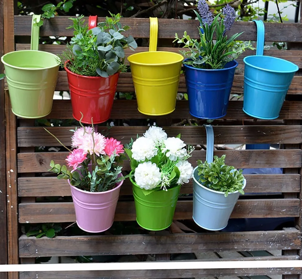 hanging portable flower pots garden balcony planters metal iron bucket flower holders with detachable hook home decor - Decorative Planters hanging portable flower pots garden balcony planters metal iron bucket flower holders with detachable hook home decor - Decorative Planters