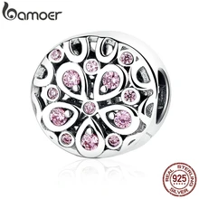 BAMOER toptan 100% 925 ayar gümüş pembe kristaller çiçekli boncuk Charms fit kadınlar bilezikler boncuk ve takı yapımı SCC053