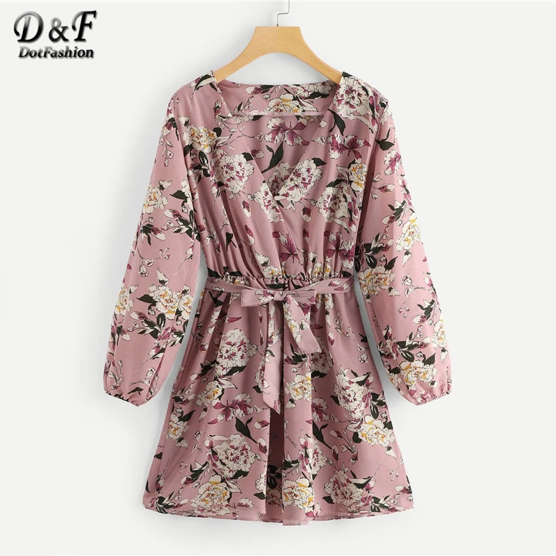 

Dotfashion Pink Floral Print Self Tie Waist Dress Women 2019 Autumn V Neck Clothing Casual A Line Bishop Sleeve Spring Dress