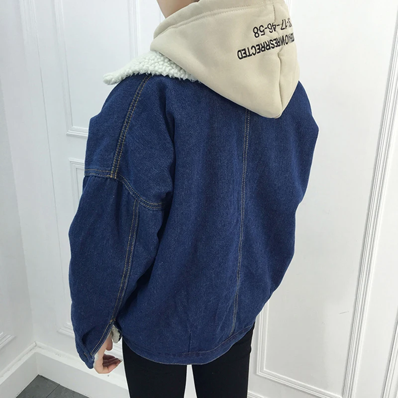 Autumn Spring Thicken Lambs Wool Basic Denim Jacket Women Corduroy Loose Long Sleeve Coat Warm Velvet Jeans Outerwear