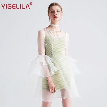 

YIGELILA 2019 Latest New Women Spring Dress Fashion V-neck Three Quarter Flare Sleeve Empire Slim Patchwork Mesh Dress 62665