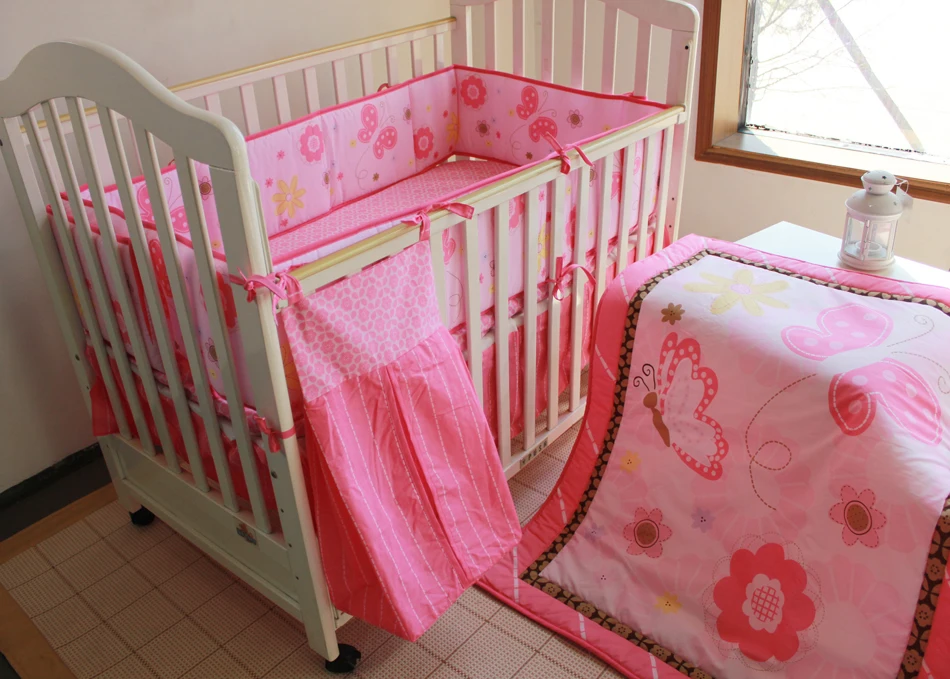 

Promotion! 5PCS embroidery Crib Newborn Baby Bedding Baby Product Set ,include(bumper+duvet+bed cover+bed skirt+diaper bag)
