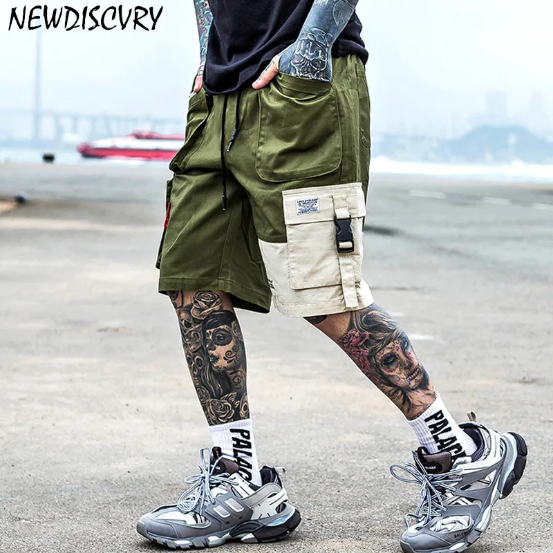 NEWDISCVRY хип хоп Уличная накладные карманы шорты для мужчин летние до колена бегущие эластичные талии спортивные шорты для занятий фитнесом