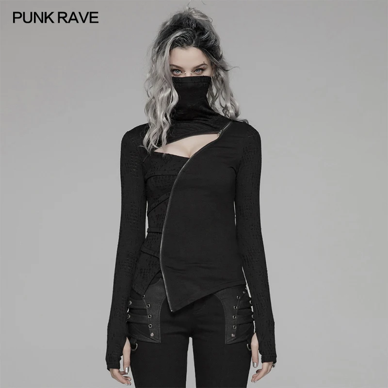 

PUNK RAVE Women's Punk Dark Turtleneck Irregular Zipper T-shirt Streetwear Female Personality High Collar Women Tees Tops