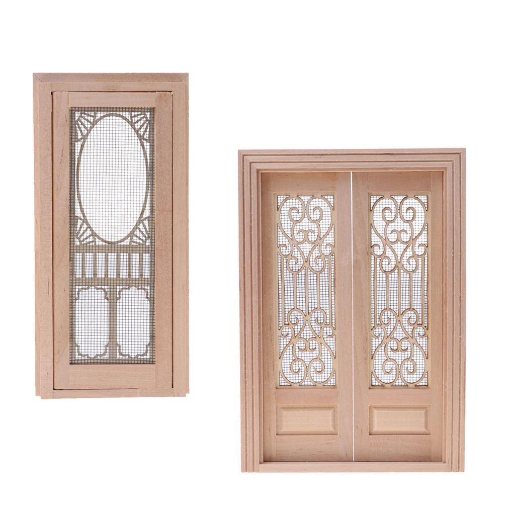 

2 Pieces Vintage Wood External Hollow Screen Door for 1/12 Dolls House Rooms DIY Decor Accessories