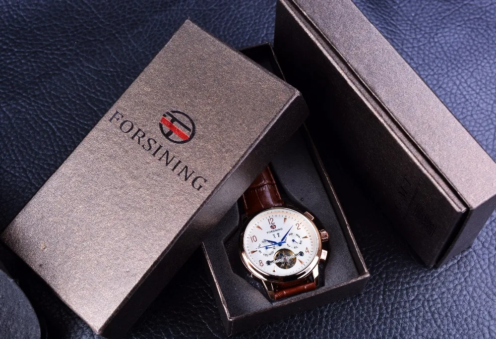 Forsining классические турбийны дизайн из натуральной коричневой кожи ремешок Календарь дисплей мужские часы лучший бренд класса люкс автоматические часы