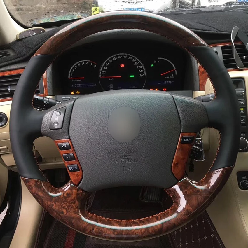Woodgrain Leather Black Leather Car Steering Wheel Cover for Toyota