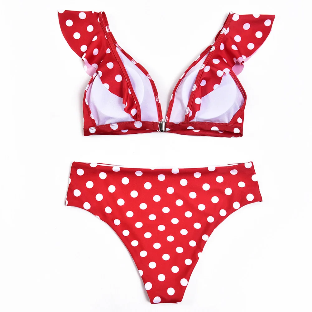 

Hot Women Summer Print Bikini Top with Pants Deep V Neck Polka Dots Ruffled Bathing Suit DO2