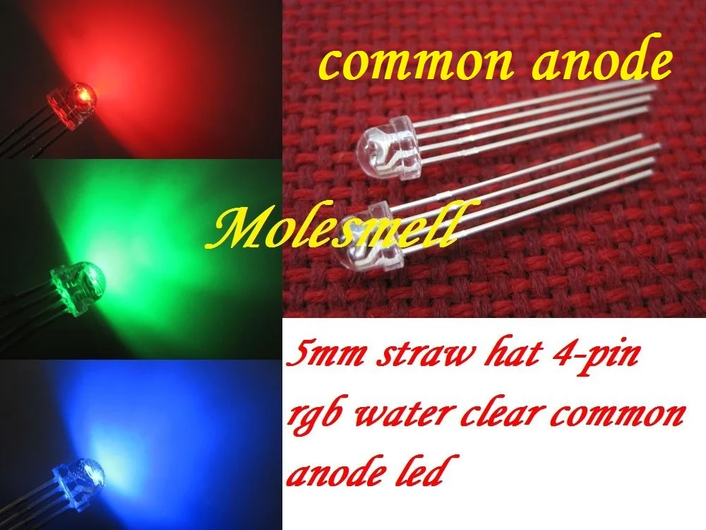 

100pcs 5mm Straw Hat 4-Pin Tri-Color RGB Common Anode Red Green Blue LED Leds 5mm StrawHat RGB water clear led light