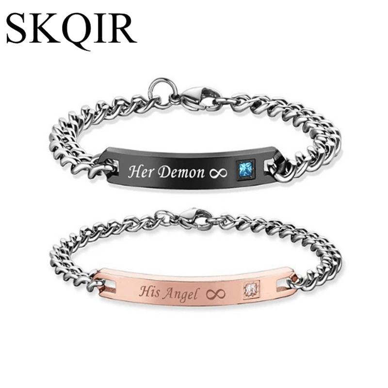 SKQIR уникальный подарок для влюбленных "его Ангел ее демон" пара браслетов Серебряная цепочка браслеты из нержавеющей стали для женщин мужчин ювелирные изделия