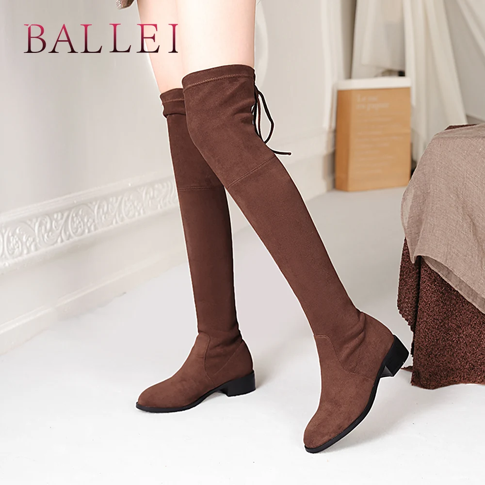 

BALLEI Luxury Woman Winter Over-the-knee Boot Quality Flock Round Toe Soft Heel Shoes Solid Vintage Elegant Lady Warm Boots H57