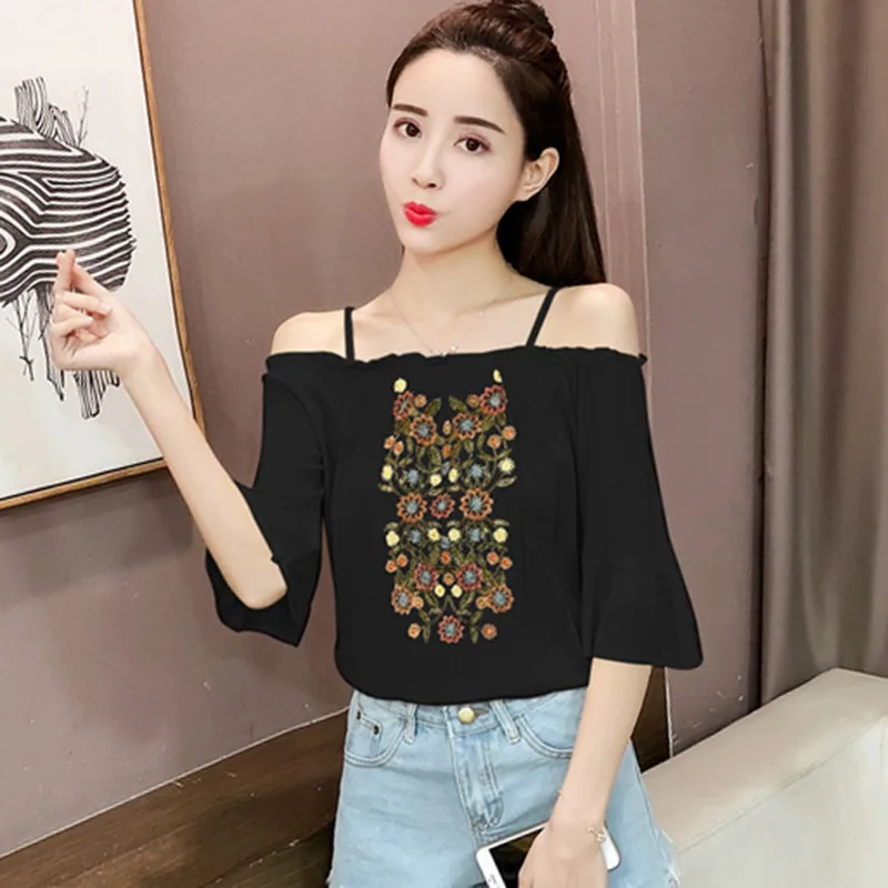 

Summer Blusa Feminina Women Sexy Cold Shoulder Floral Embroidery Blouses Women Flare Sleeve blusas mujer de moda 2019 New