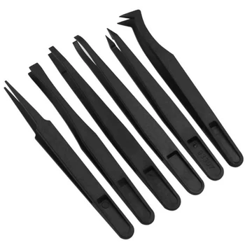 

6pcs Anti-static Carbon Fiber Tweezers Set Plastic Forceps Bend Straight Curved Tweezers PCB Repair Tool
