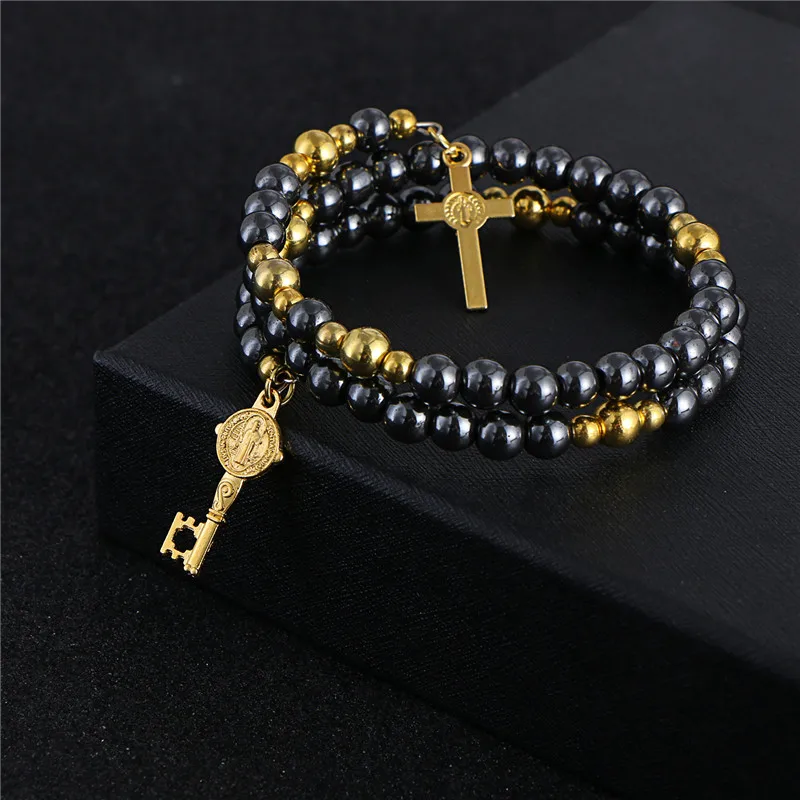 Коми модный дизайн ручной работы гематит крест браслет черный и золотой цвет просто Регулируемый Религия Ювелирные изделия подарок R-102