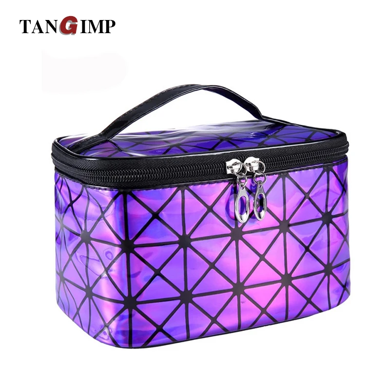

TANGIMP Hologram Women Cosmetic Bags Make Up Travel Toiletry Storage Box Geometric Wash Organizer Cases With Mirror Waterproof